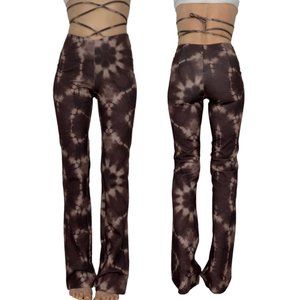 I.AM.GIA Evie Tie Dye Flare Leg Pant XS Brown Tie Waist Retro Bell Bottom Retro